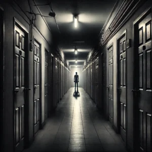 A dimly lit PG (paying guest accommodation) corridor in Pune, India, on the second floor. The corridor has closed doors on both sides