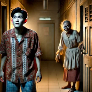 A terrified young man in a dimly lit PG corridor, staring at an old woman hiding behind a door. The woman appears eerie, with hollow eyes