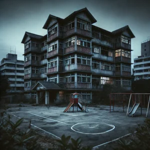 A creepy, abandoned building at the edge of a residential area, with broken windows and a dark, eerie atmosphere. The building is old and deserted