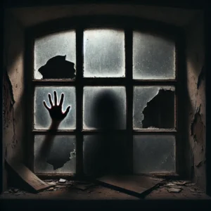 A dark, eerie window of an abandoned building with a mysterious hand sliding across the glass. The atmosphere is chilling, with dim lighting 