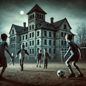 A group of young boys playing football on a deserted playground near an old, abandoned building. The sky is dimly lit, and the atmosphere feels eerie