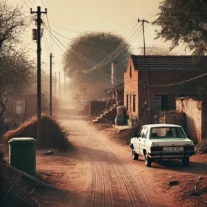 Rural Indian village during daytime, narrow dusty road, a simple brick house in the background, a white car parked outside, some trees