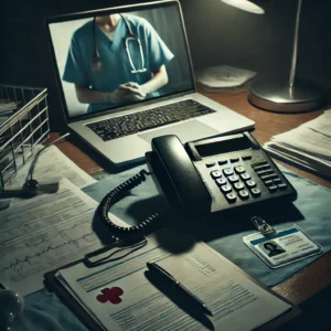 A ringing landline telephone on a cluttered hospital desk at night. The desk has an open laptop, scattered medical documents, a pen, and an ID badge.