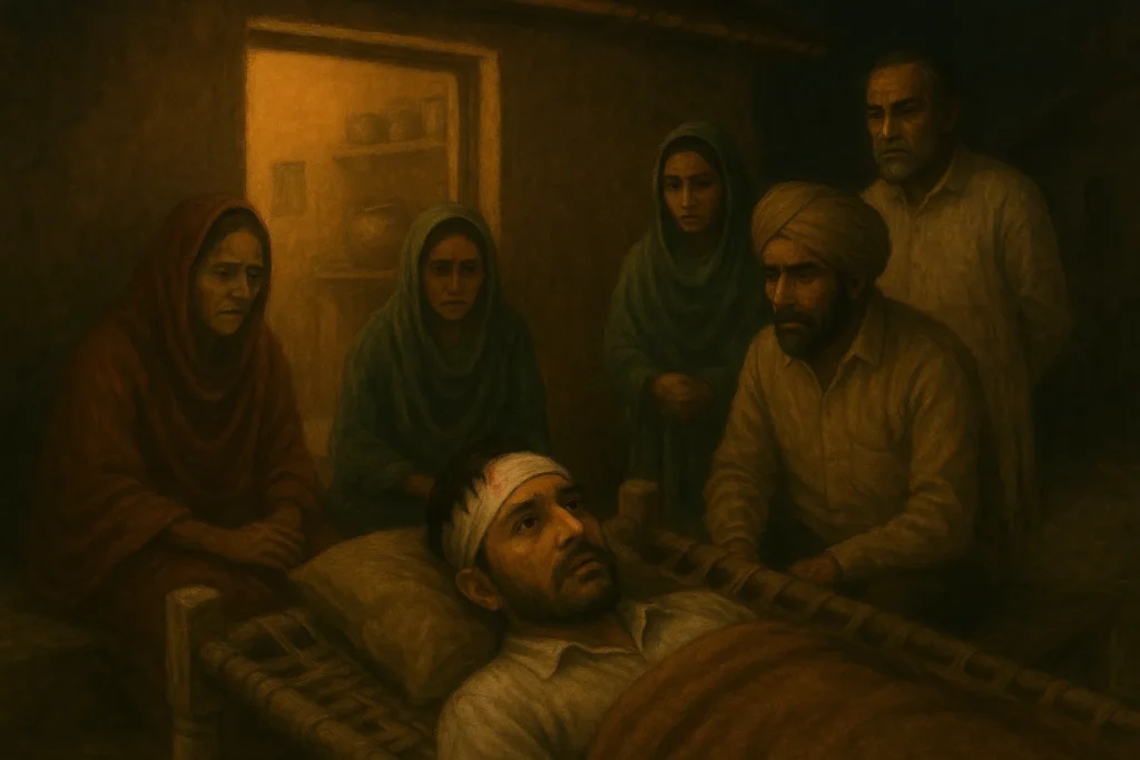 A modest village house lit warmly from inside, with concerned family members surrounding a young man lying on a charpai (cot) with a bandaged forehead. The contrast between cozy safety and his shaken expression tells a deeper story.