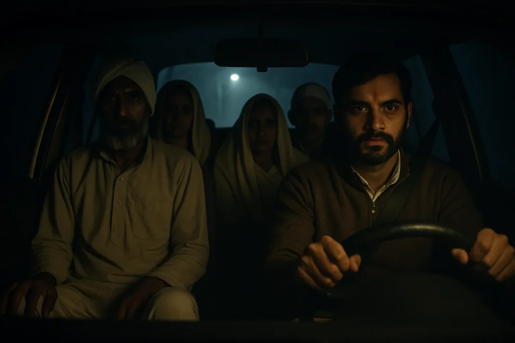 The view from inside a dimly-lit car shows a young driver with a red tilak on his forehead looking nervously at the road. Behind him sit four passengers dressed in old traditional outfits. Their faces are expressionless, their presence uncanny.
