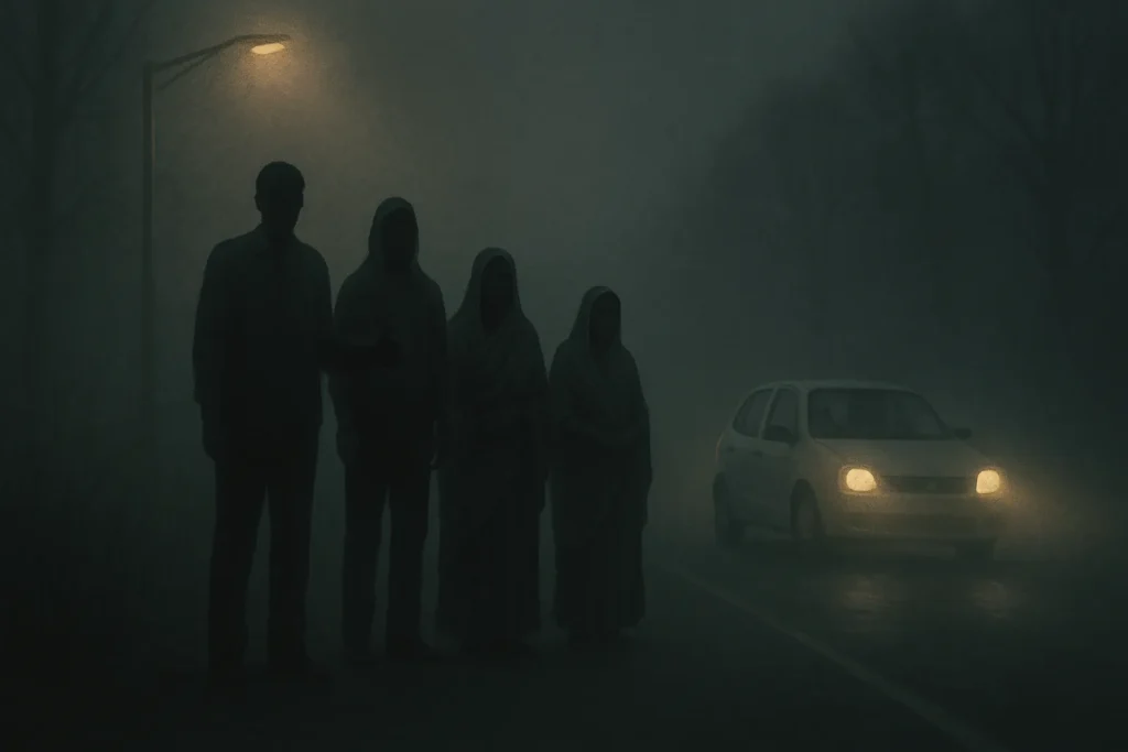 Four shadowy figures—two tall men and two veiled women in old Haryanvi sarees—stand quietly under a flickering streetlight by the roadside at night. The fog is dense, and the approaching car’s headlights illuminate their silhouettes.