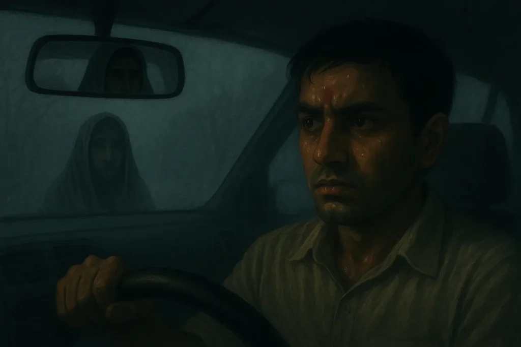 The rear-view mirror shows only one veiled woman in the back seat, while the rest of the car looks eerily empty. A light sweat glistens on the driver’s tense face as fog swirls outside the window. The atmosphere is surreal and haunting.